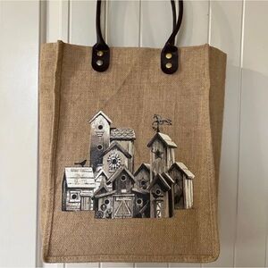 Rustic Birdhouse Jute Tote with Dark Handles